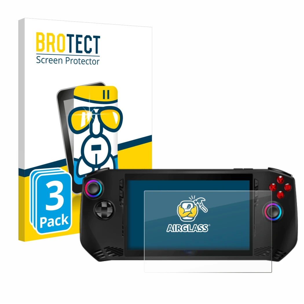 Parte frontal de un envase de producto con el logotipo de la marca BROTECT. Al lado se muestra el dispositivo MSI Claw A1M con