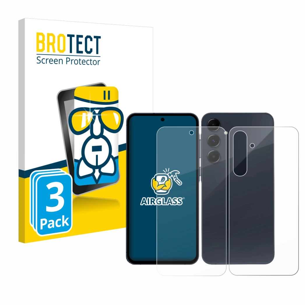 Parte frontal de un envase de producto con el logotipo de la marca BROTECT. Al lado se muestra el dispositivo Samsung Galaxy A
