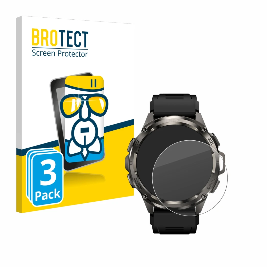 Parte frontal de un envase de producto con el logotipo de la marca BROTECT. Al lado se muestra el dispositivo Kospet Tank T3 U