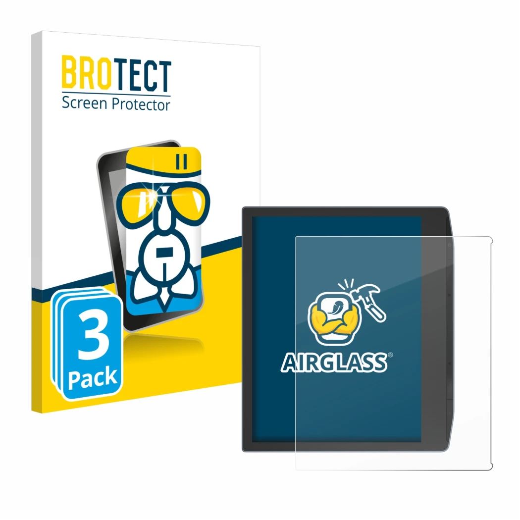 Parte frontal de un envase de producto con el logotipo de la marca BROTECT. Al lado se muestra el dispositivo PocketBook Era C