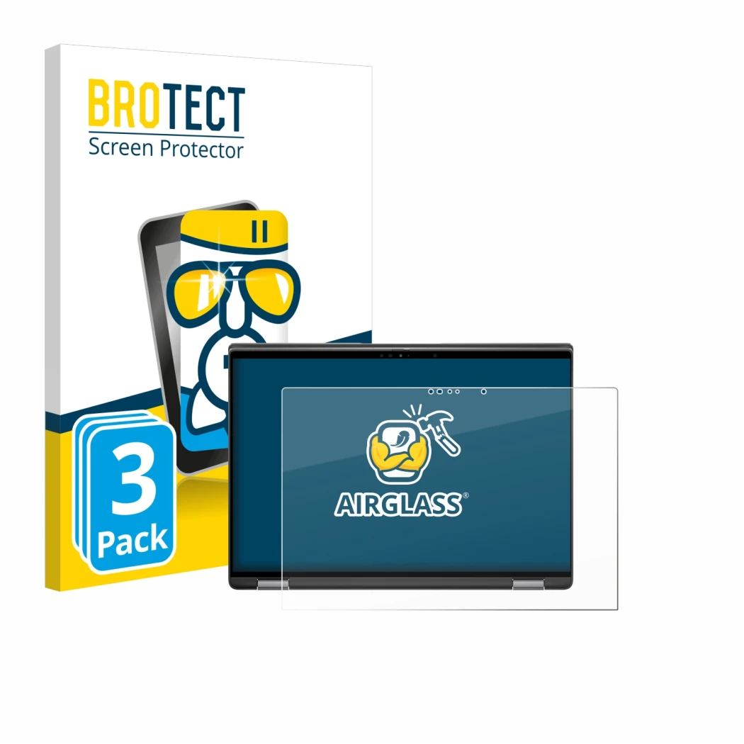 Parte frontal de un envase de producto con el logotipo de la marca BROTECT. Al lado se muestra el dispositivo Dell Latitude 74