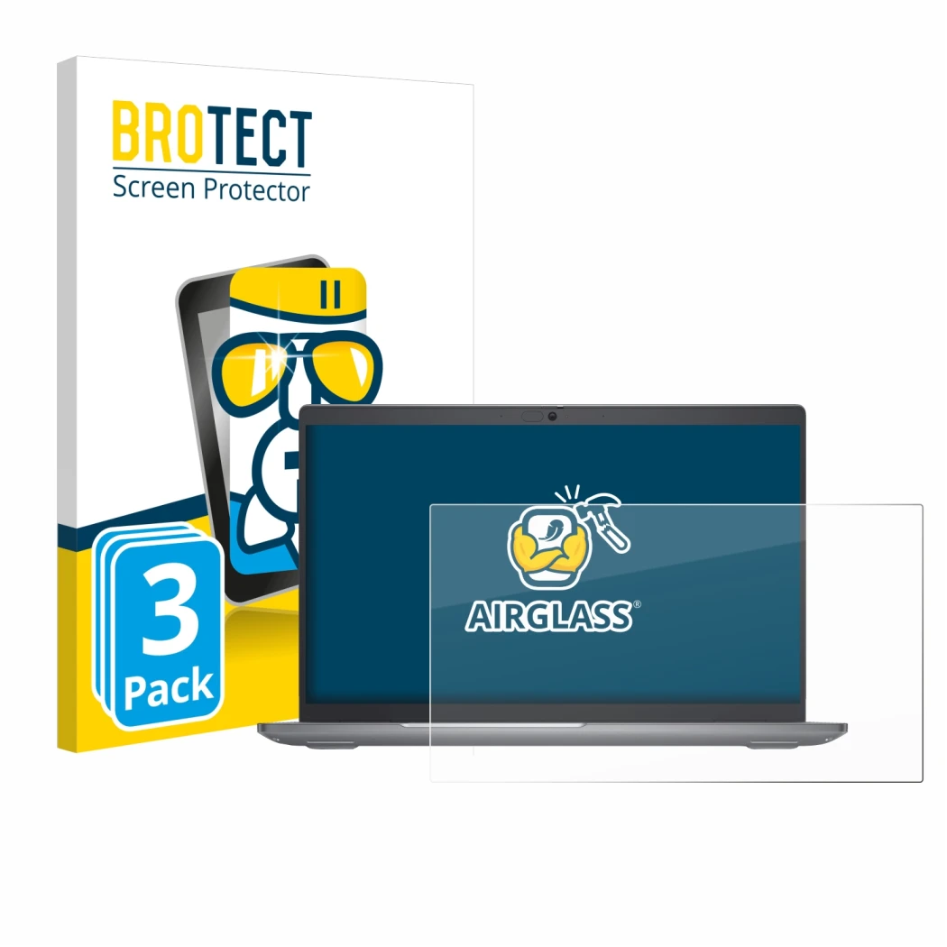 Parte frontal de un envase de producto con el logotipo de la marca BROTECT. Al lado se muestra el dispositivo Dell Latitude 55