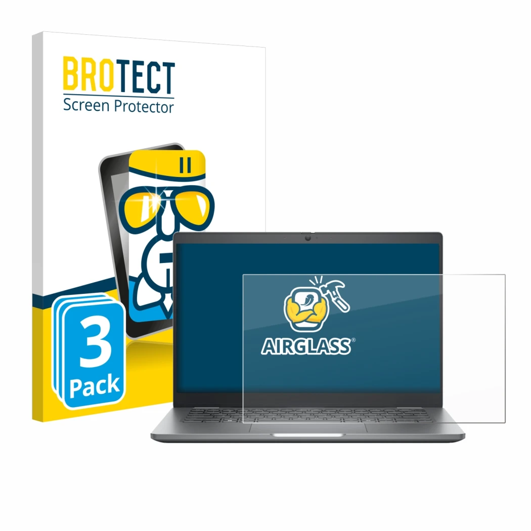 Parte frontal de un envase de producto con el logotipo de la marca BROTECT. Al lado se muestra el dispositivo Dell Latitude 53