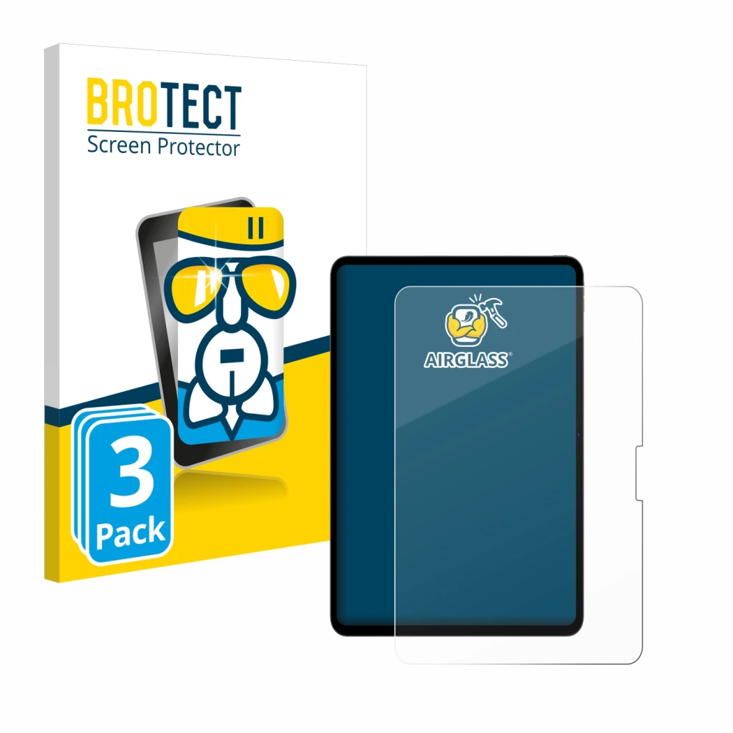 Parte frontal de un envase de producto con el logotipo de la marca BROTECT. Al lado se muestra el dispositivo Apple iPad Pro 1