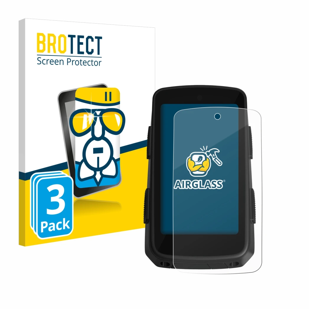 Parte frontal de un envase de producto con el logotipo de la marca BROTECT. Al lado se muestra el dispositivo Hammerhead Karoo