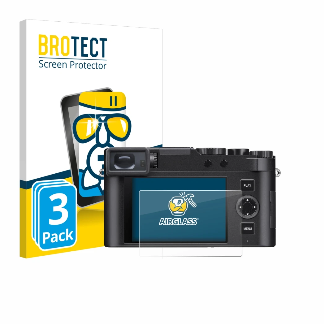 Parte frontal de un envase de producto con el logotipo de la marca BROTECT. Al lado se muestra el dispositivo Leica D-Lux 8 co