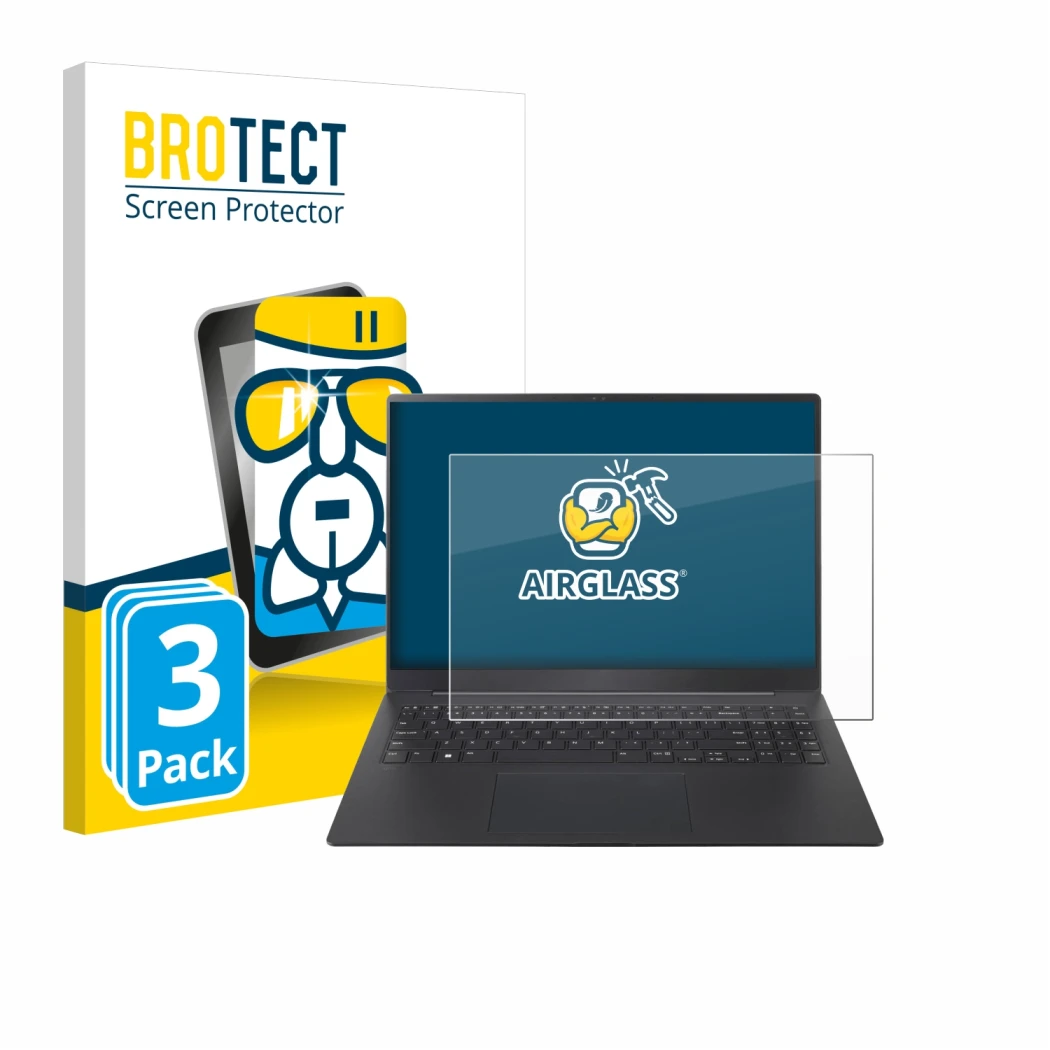 Parte frontal de un envase de producto con el logotipo de la marca BROTECT. Al lado se muestra el dispositivo LG gram Pro 16 2