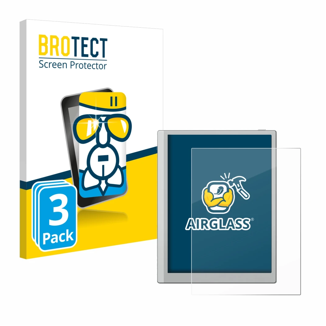 Parte frontal de un envase de producto con el logotipo de la marca BROTECT. Al lado se muestra el dispositivo Boox Go 10.3 con