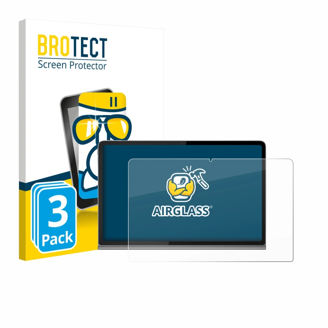 Parte frontal de un envase de producto con el logotipo de la marca BROTECT. Al lado se muestra el dispositivo Lenovo Tab Plus 