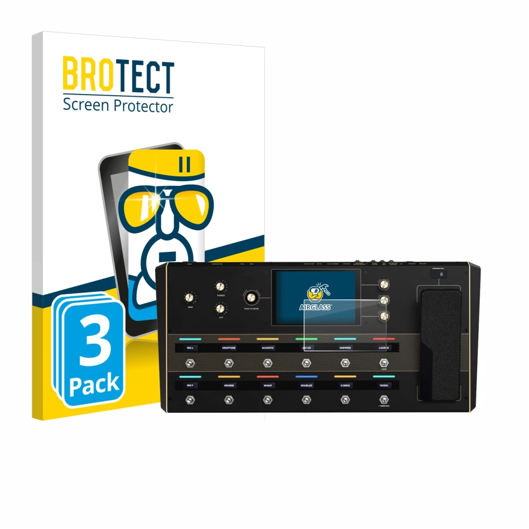 Parte frontal de un envase de producto con el logotipo de la marca BROTECT. Al lado se muestra el dispositivo Headrush Prime c