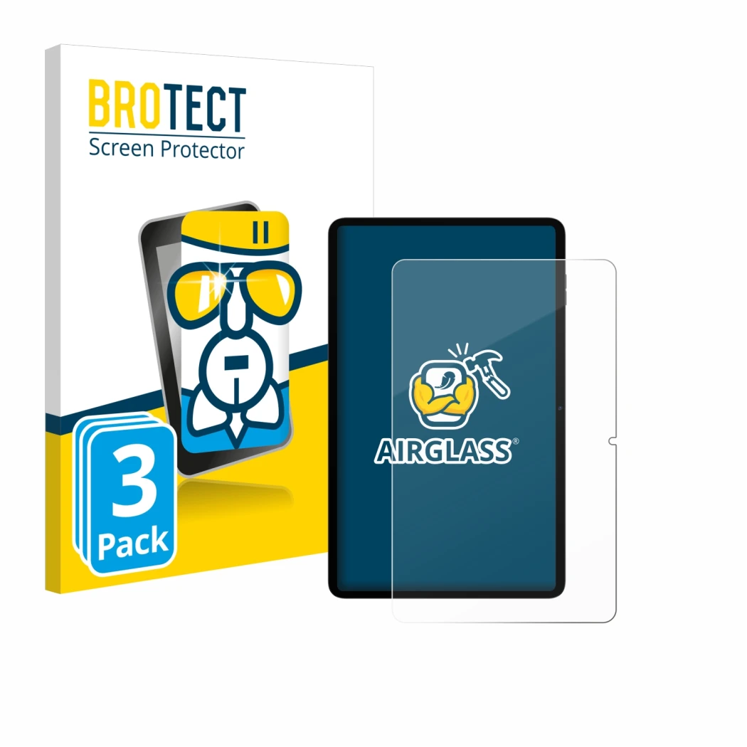 Parte frontal de un envase de producto con el logotipo de la marca BROTECT. Al lado se muestra el dispositivo Blackview Tab 18