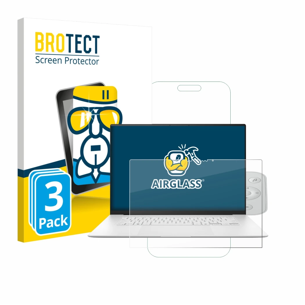 Parte frontal de un envase de producto con el logotipo de la marca BROTECT. Al lado se muestra el dispositivo ASUS ZenBook S 1