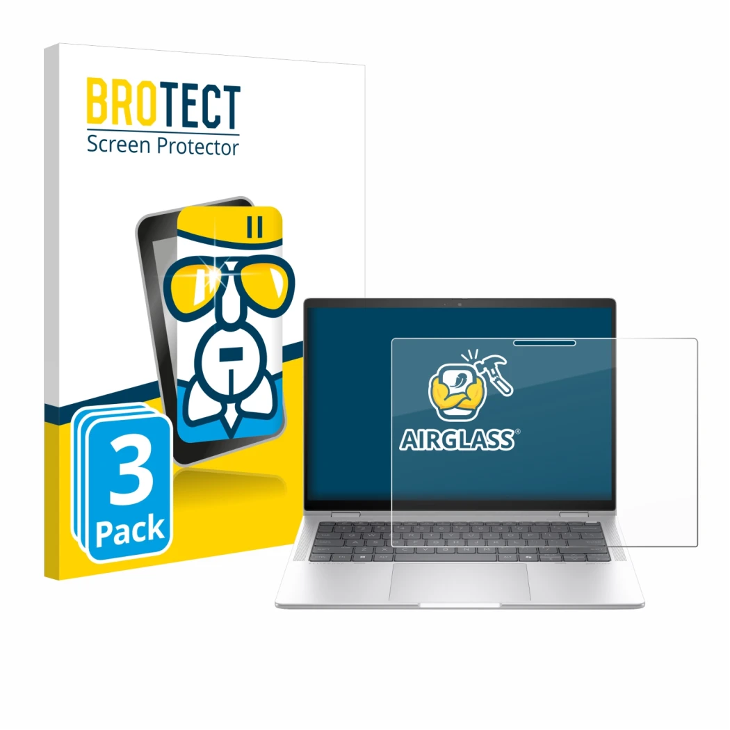 Parte frontal de un envase de producto con el logotipo de la marca BROTECT. Al lado se muestra el dispositivo HP EliteBook x36