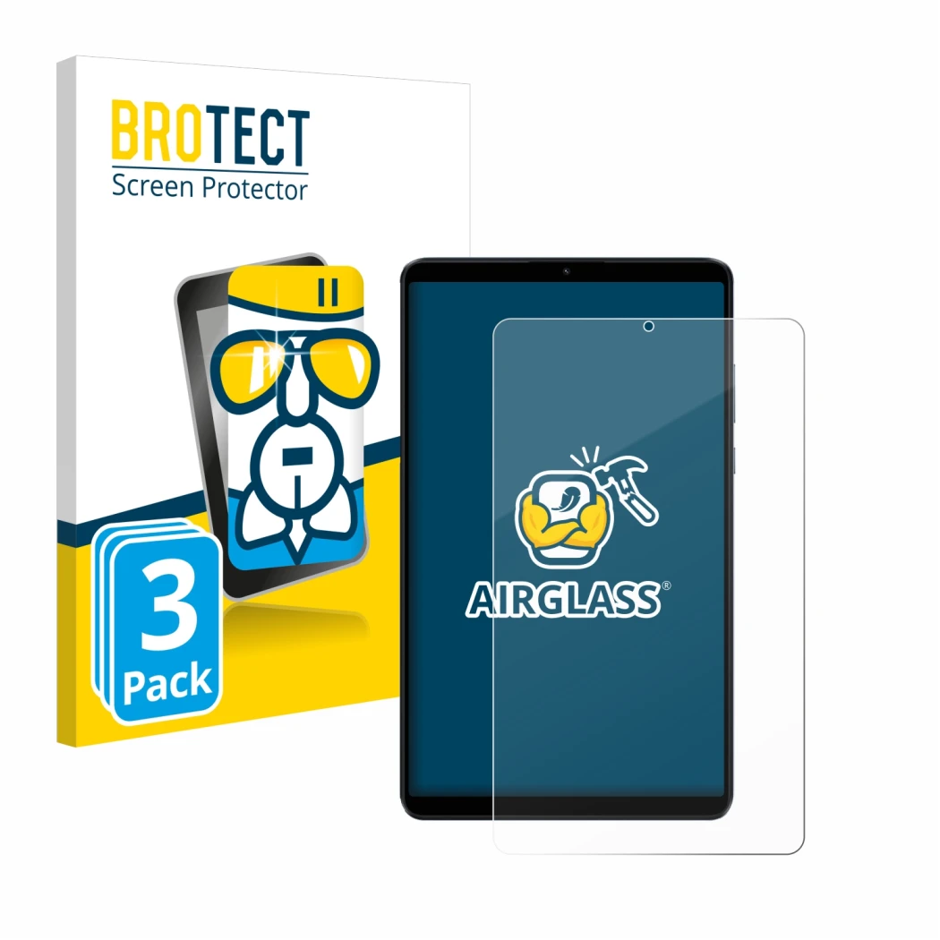 Parte frontal de un envase de producto con el logotipo de la marca BROTECT. Al lado se muestra el dispositivo Xiaomi Redmi Pad