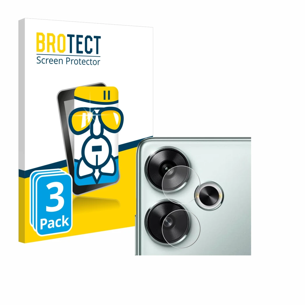 Parte frontal de un envase de producto con el logotipo de la marca BROTECT. Al lado se muestra el dispositivo Xiaomi Poco F6 (