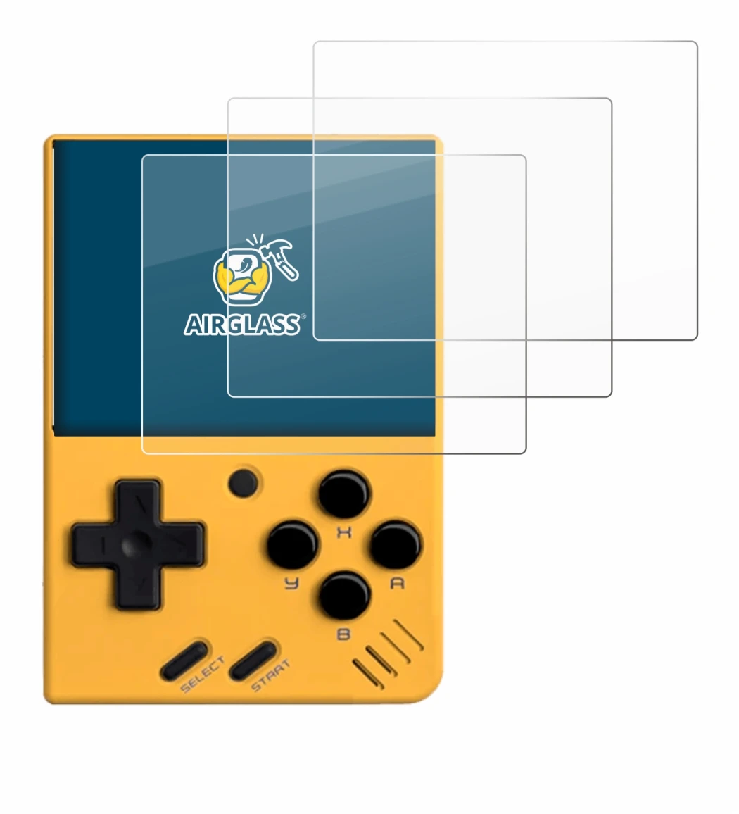 Imagen del dispositivo Miyoo Mini V4 con una amplia variedad de protectores de pantalla.