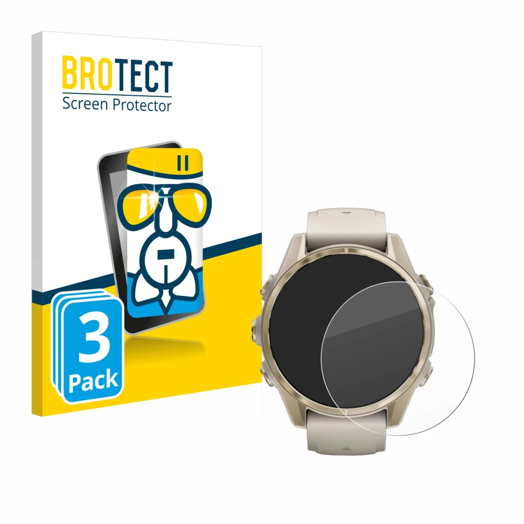 Parte frontal de un envase de producto con el logotipo de la marca BROTECT. Al lado se muestra el dispositivo Garmin Fenix 8 (