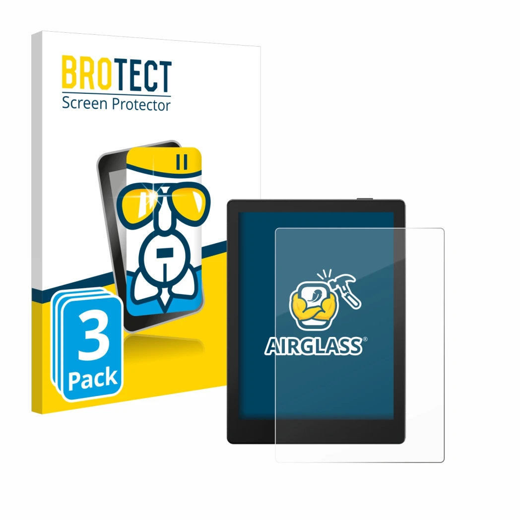 Parte frontal de un envase de producto con el logotipo de la marca BROTECT. Al lado se muestra el dispositivo Boox Go 6 con su