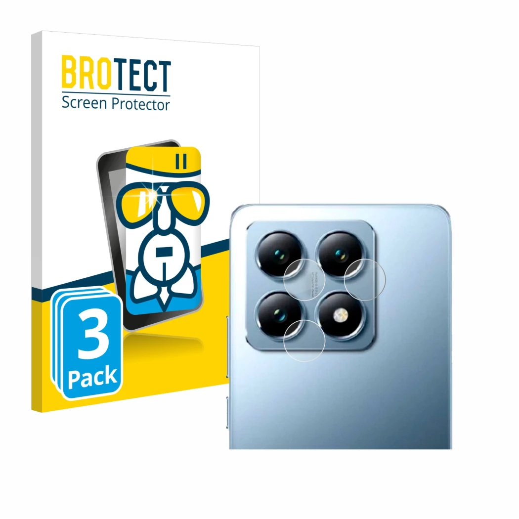 Parte frontal de un envase de producto con el logotipo de la marca BROTECT. Al lado se muestra el dispositivo Xiaomi 14T Pro (