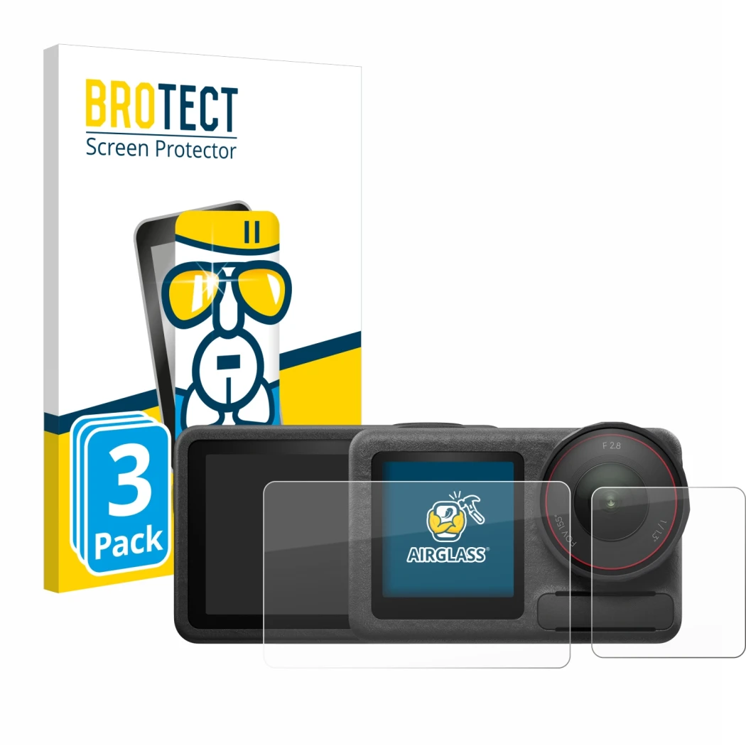 Parte frontal de un envase de producto con el logotipo de la marca BROTECT. Al lado se muestra el dispositivo DJI Osmo Action 