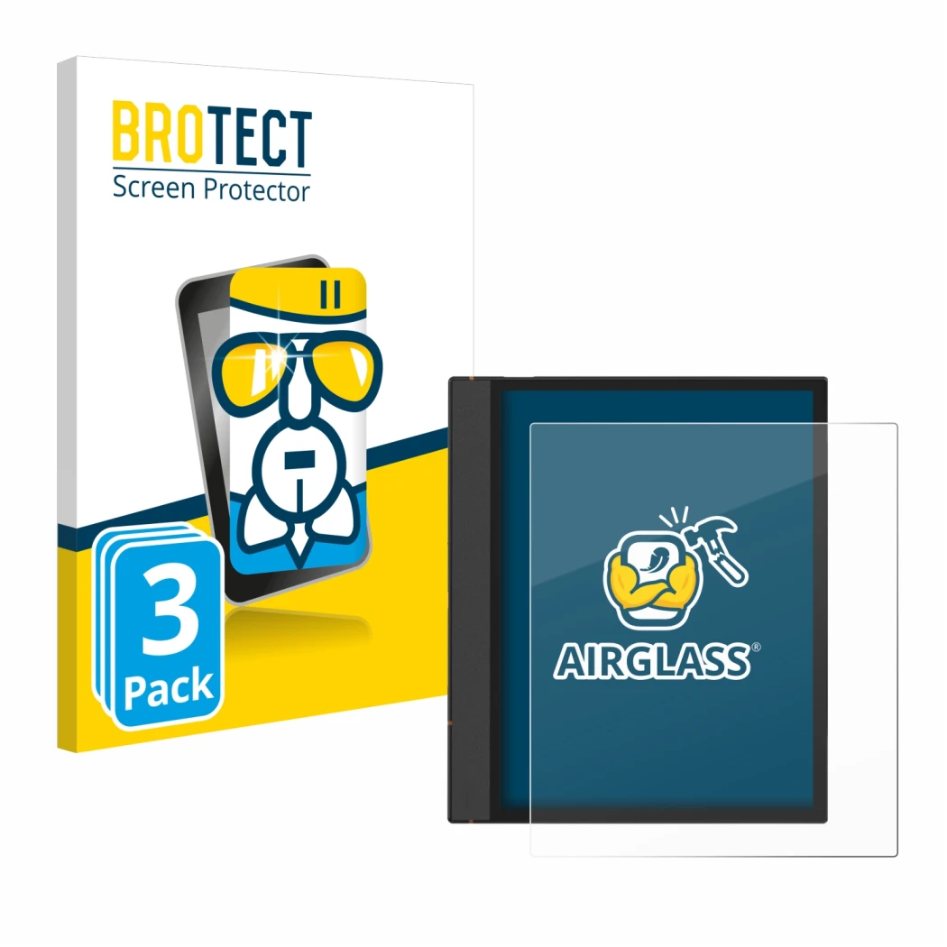 Parte frontal de un envase de producto con el logotipo de la marca BROTECT. Al lado se muestra el dispositivo Boox Note Air 4 