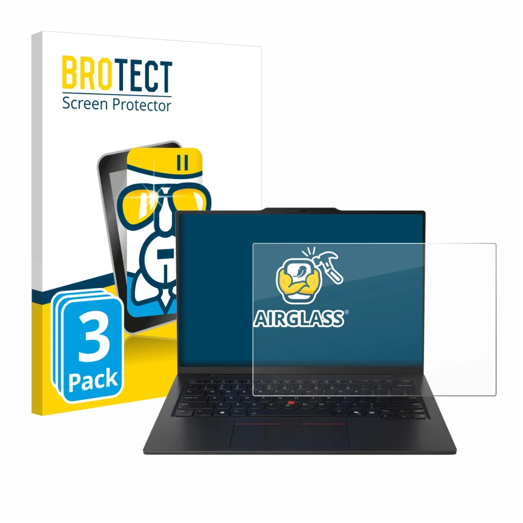 Parte frontal de un envase de producto con el logotipo de la marca BROTECT. Al lado se muestra el dispositivo Lenovo ThinkPad