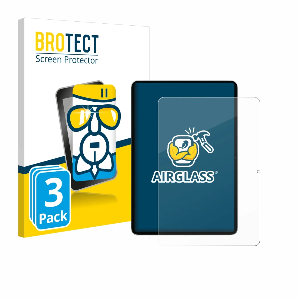 Parte frontal de un envase de producto con el logotipo de la marca BROTECT. Al lado se muestra el dispositivo Xiaomi Pad 7 con