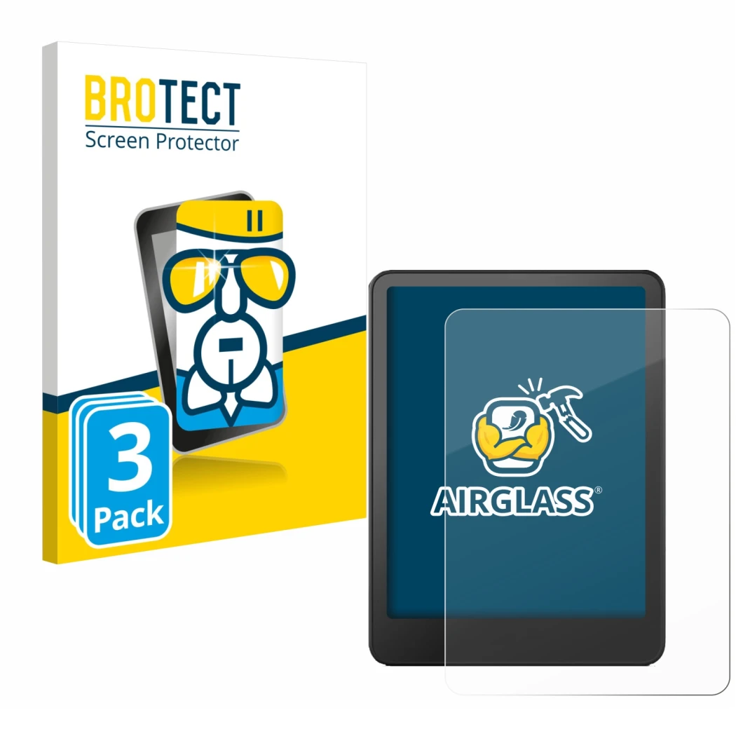 Parte frontal de un envase de producto con el logotipo de la marca BROTECT. Al lado se muestra el dispositivo Amazon Kindle Pa