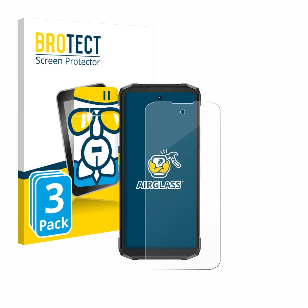 Parte frontal de un envase de producto con el logotipo de la marca BROTECT. Al lado se muestra el dispositivo Doogee Fire 6 Po