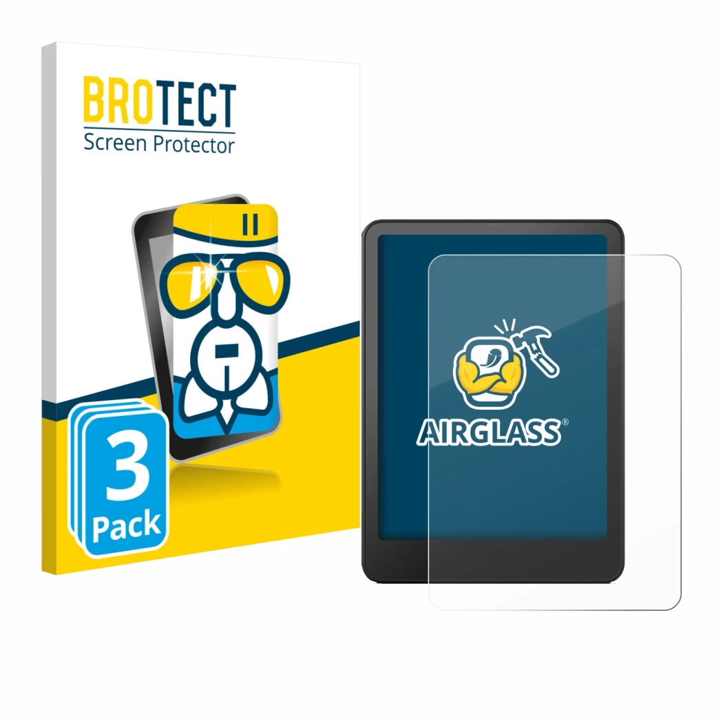 Parte frontal de un envase de producto con el logotipo de la marca BROTECT. Al lado se muestra el dispositivo Amazon Kindle Pa