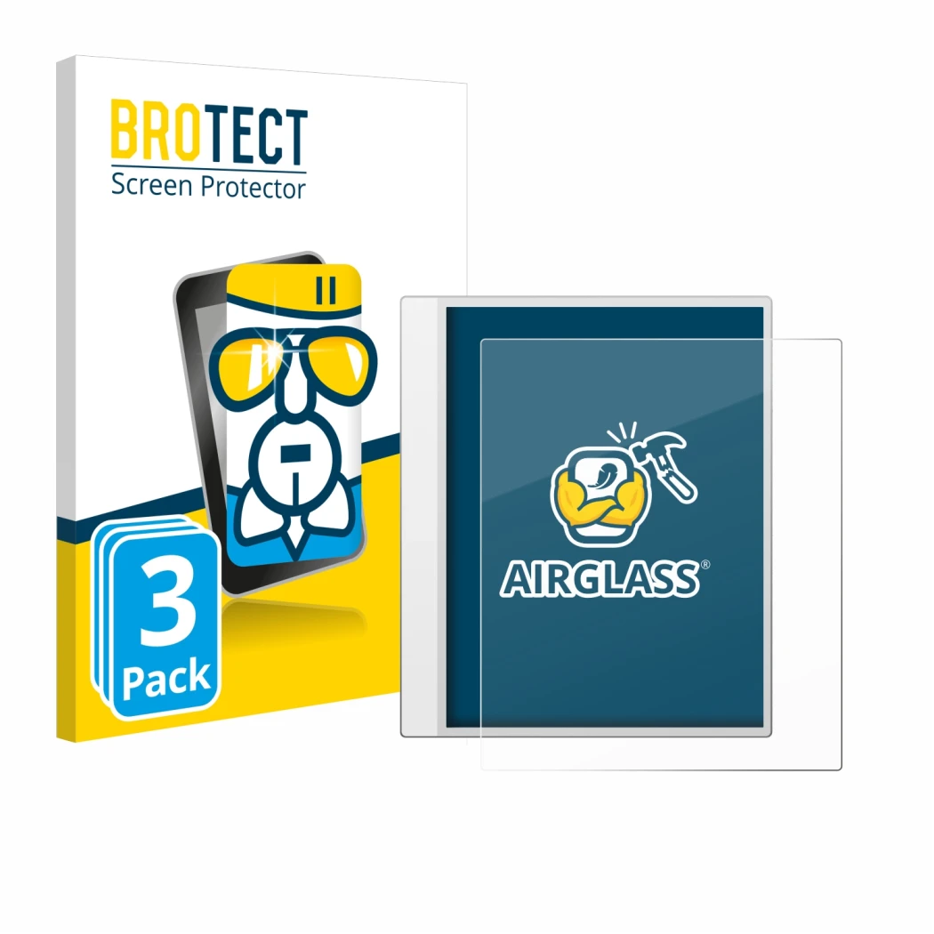 Parte frontal de un envase de producto con el logotipo de la marca BROTECT. Al lado se muestra el dispositivo Boox Note Max co