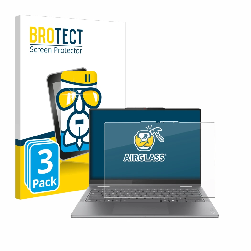 Parte frontal de un envase de producto con el logotipo de la marca BROTECT. Al lado se muestra el dispositivo Lenovo Yoga 7i 2