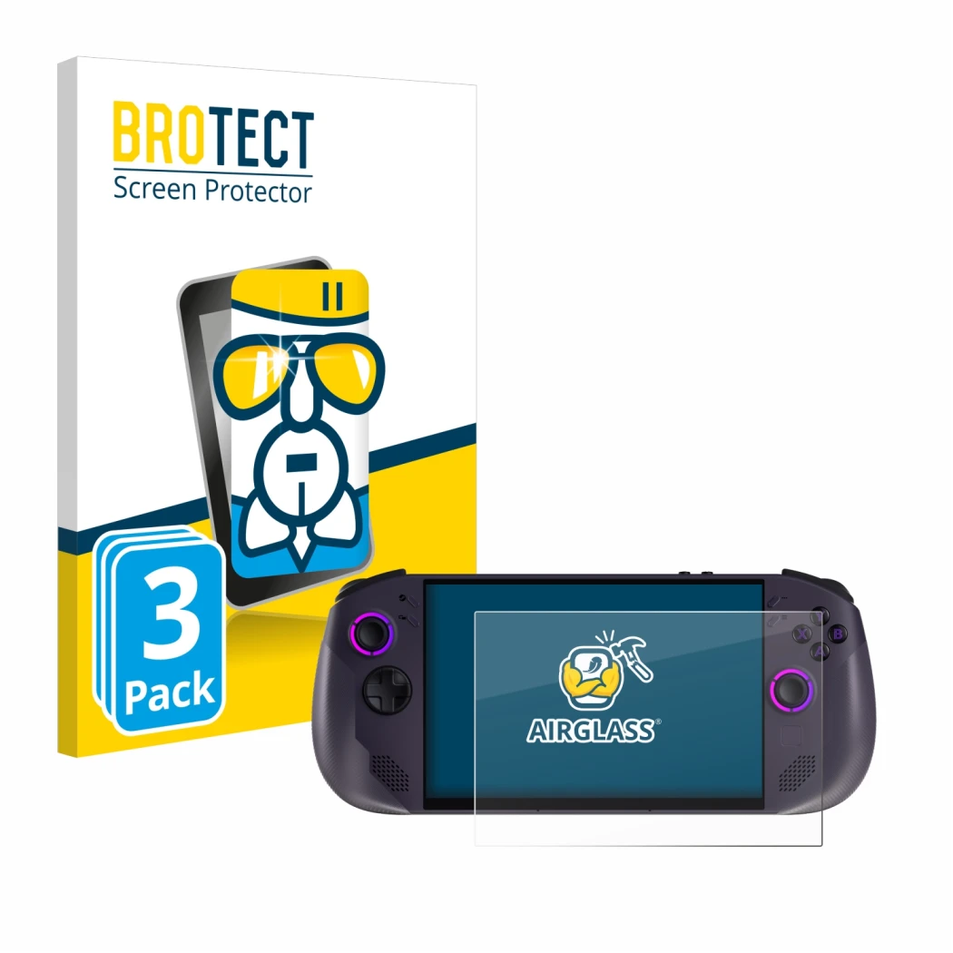 Parte frontal de un envase de producto con el logotipo de la marca BROTECT. Al lado se muestra el dispositivo Lenovo Legion Go