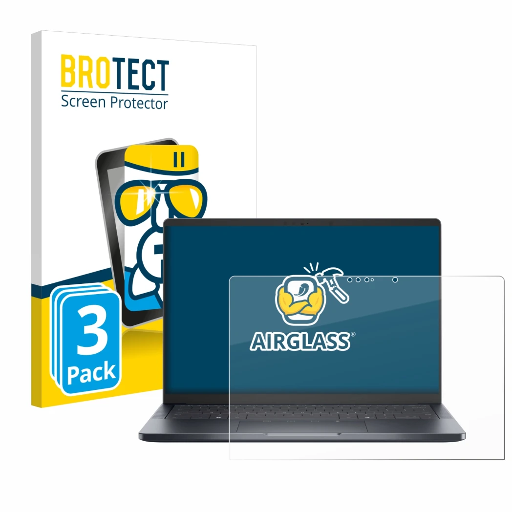 Parte frontal de un envase de producto con el logotipo de la marca BROTECT. Al lado se muestra el dispositivo Dell Pro 14 Prem