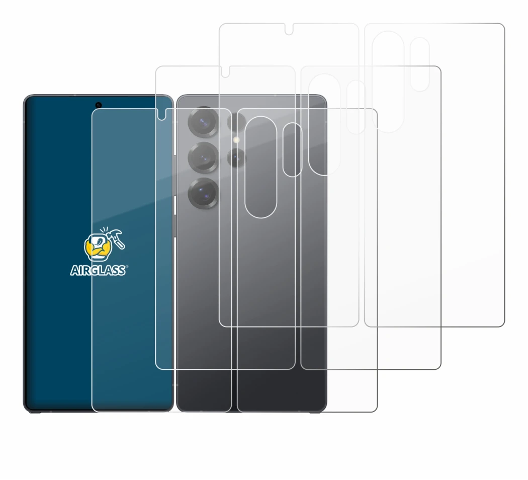 Imagen del dispositivo Samsung Galaxy S25 Ultra (Frontal+Trasero) con una amplia variedad de protectores de pantalla.