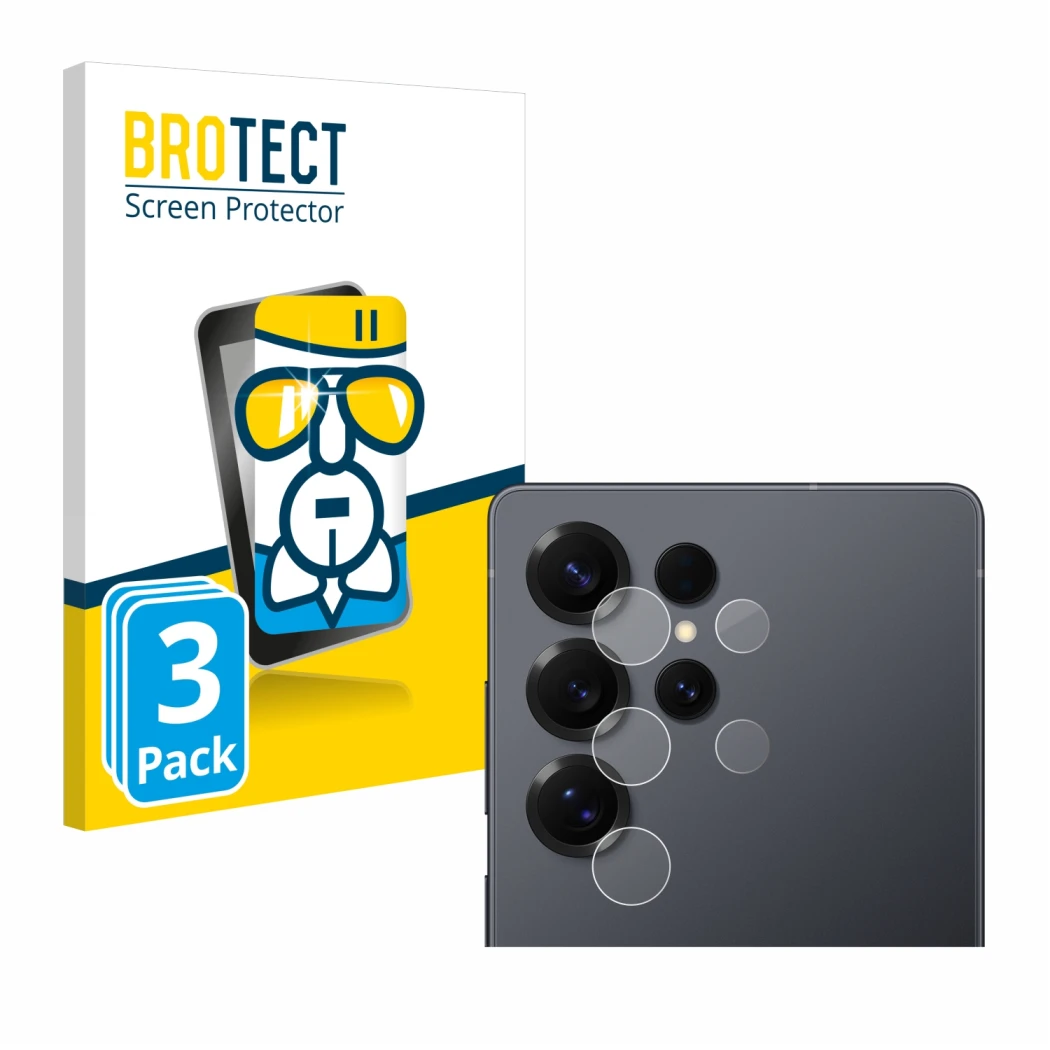 Parte frontal de un envase de producto con el logotipo de la marca BROTECT. Al lado se muestra el dispositivo Samsung Galaxy S