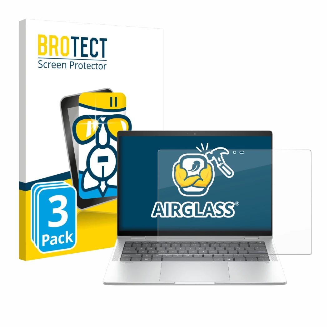 Parte frontal de un envase de producto con el logotipo de la marca BROTECT. Al lado se muestra el dispositivo HP EliteBook X F