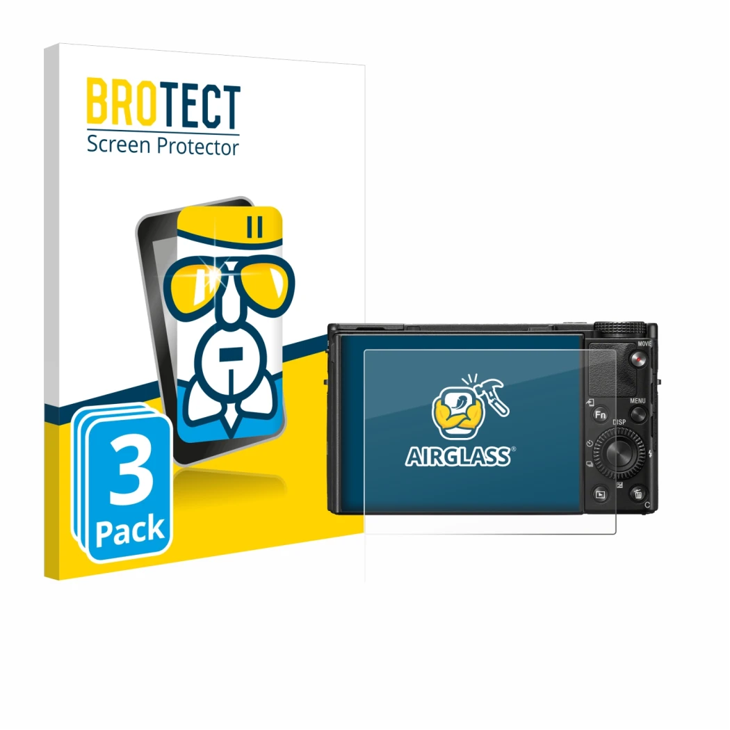 Parte frontal de un envase de producto con el logotipo de la marca BROTECT. Al lado se muestra el dispositivo Sony Cyber-Shot