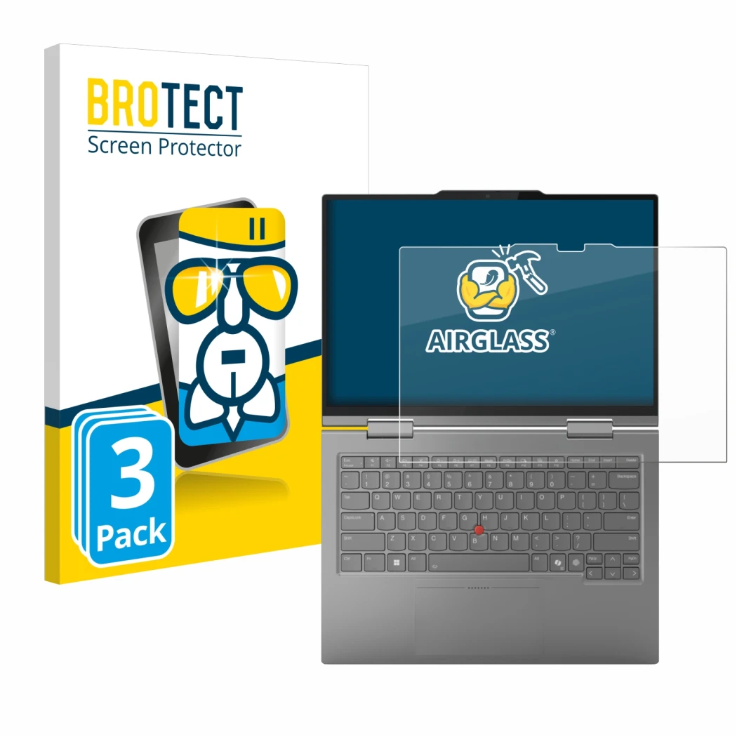 Parte frontal de un envase de producto con el logotipo de la marca BROTECT. Al lado se muestra el dispositivo Lenovo ThinkPad 