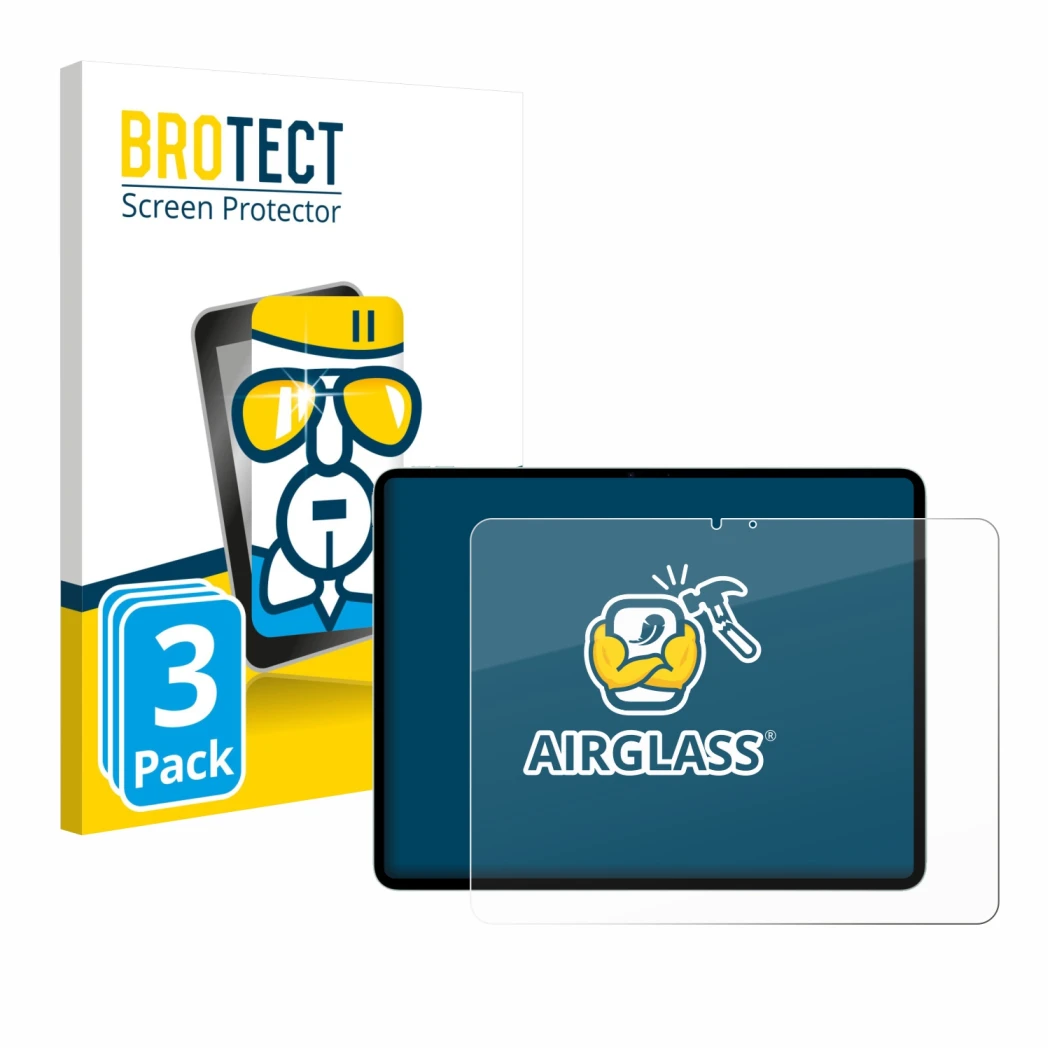 Parte frontal de un envase de producto con el logotipo de la marca BROTECT. Al lado se muestra el dispositivo Apple iPad Air 1