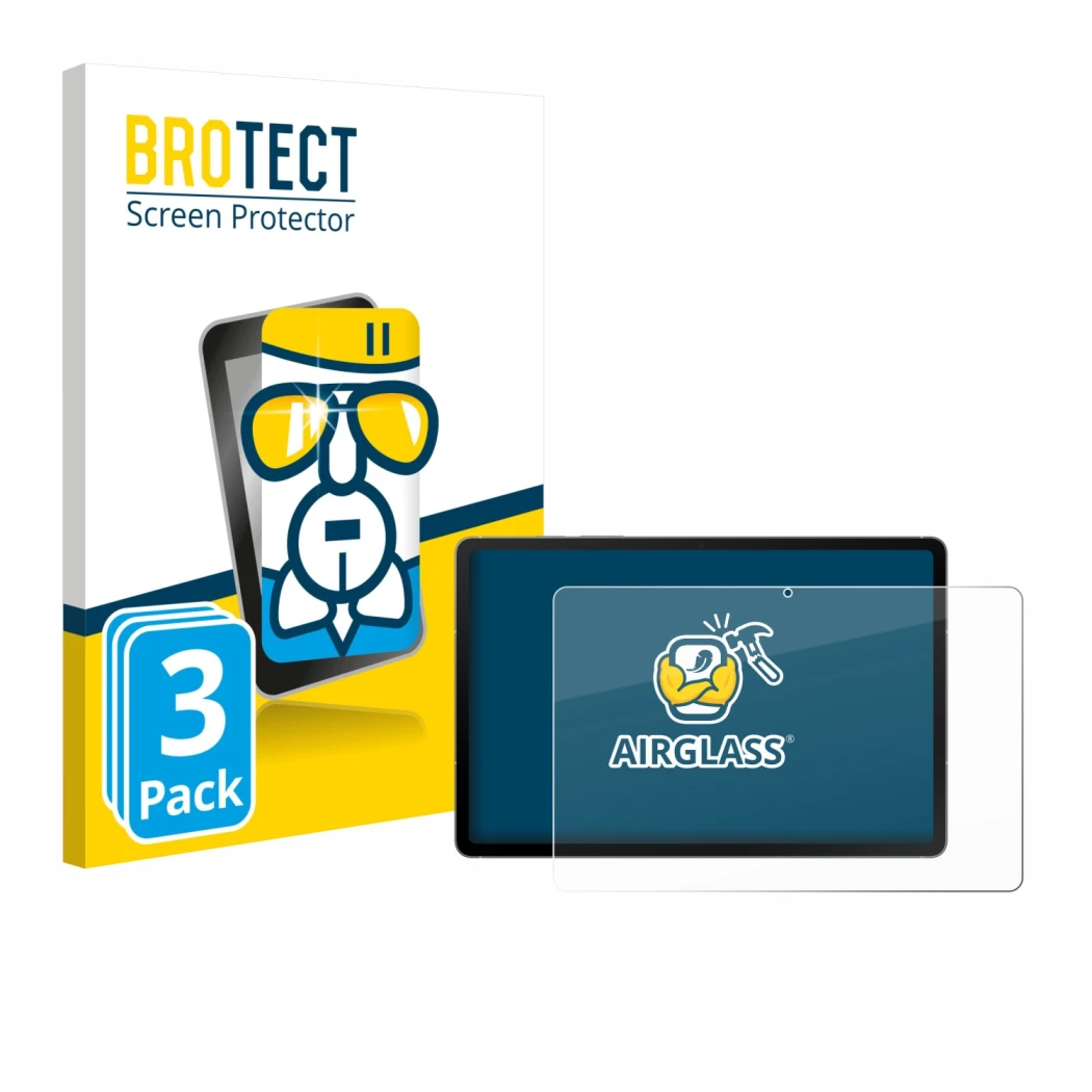 Parte frontal de un envase de producto con el logotipo de la marca BROTECT. Al lado se muestra el dispositivo Samsung Galaxy T