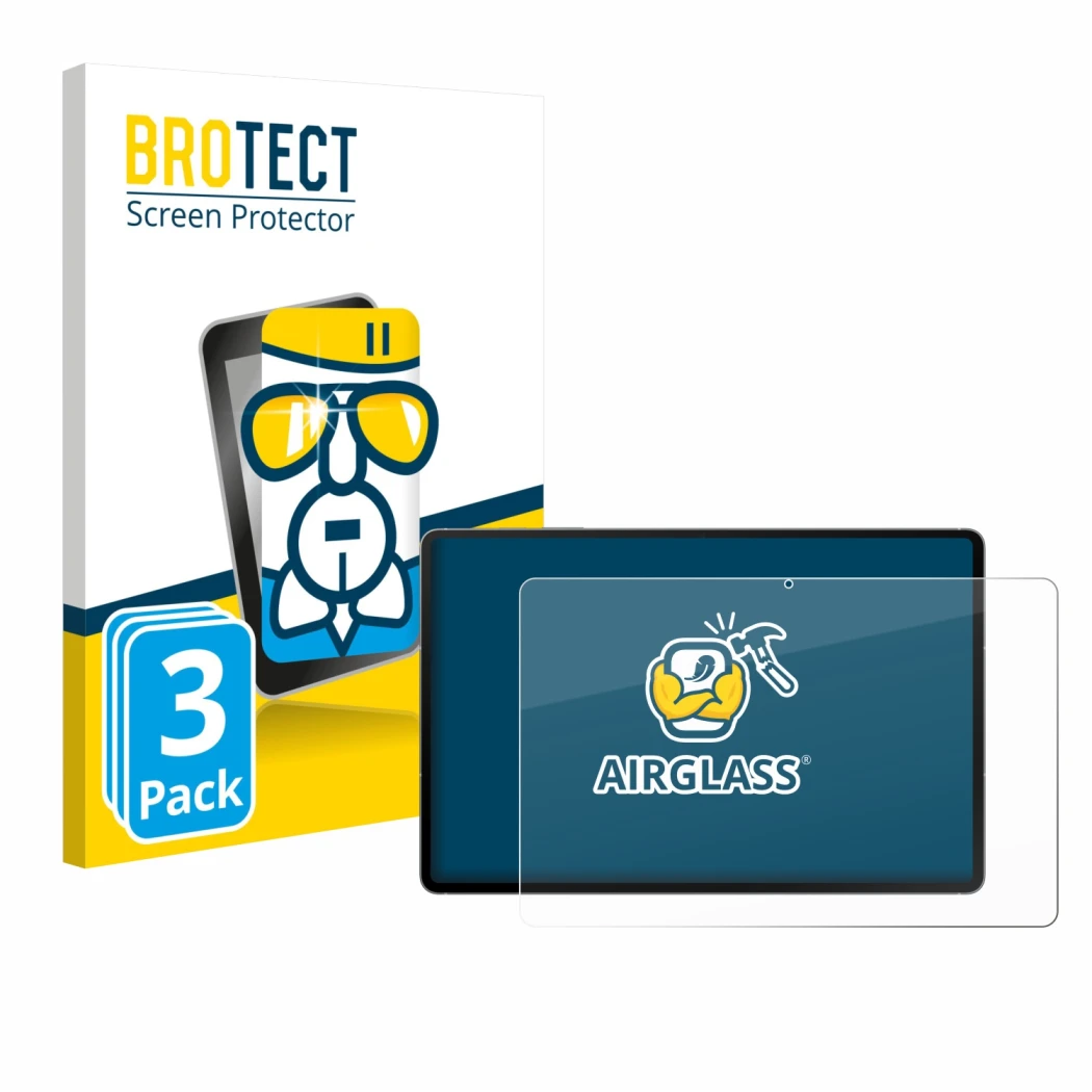 Parte frontal de un envase de producto con el logotipo de la marca BROTECT. Al lado se muestra el dispositivo Samsung Galaxy T