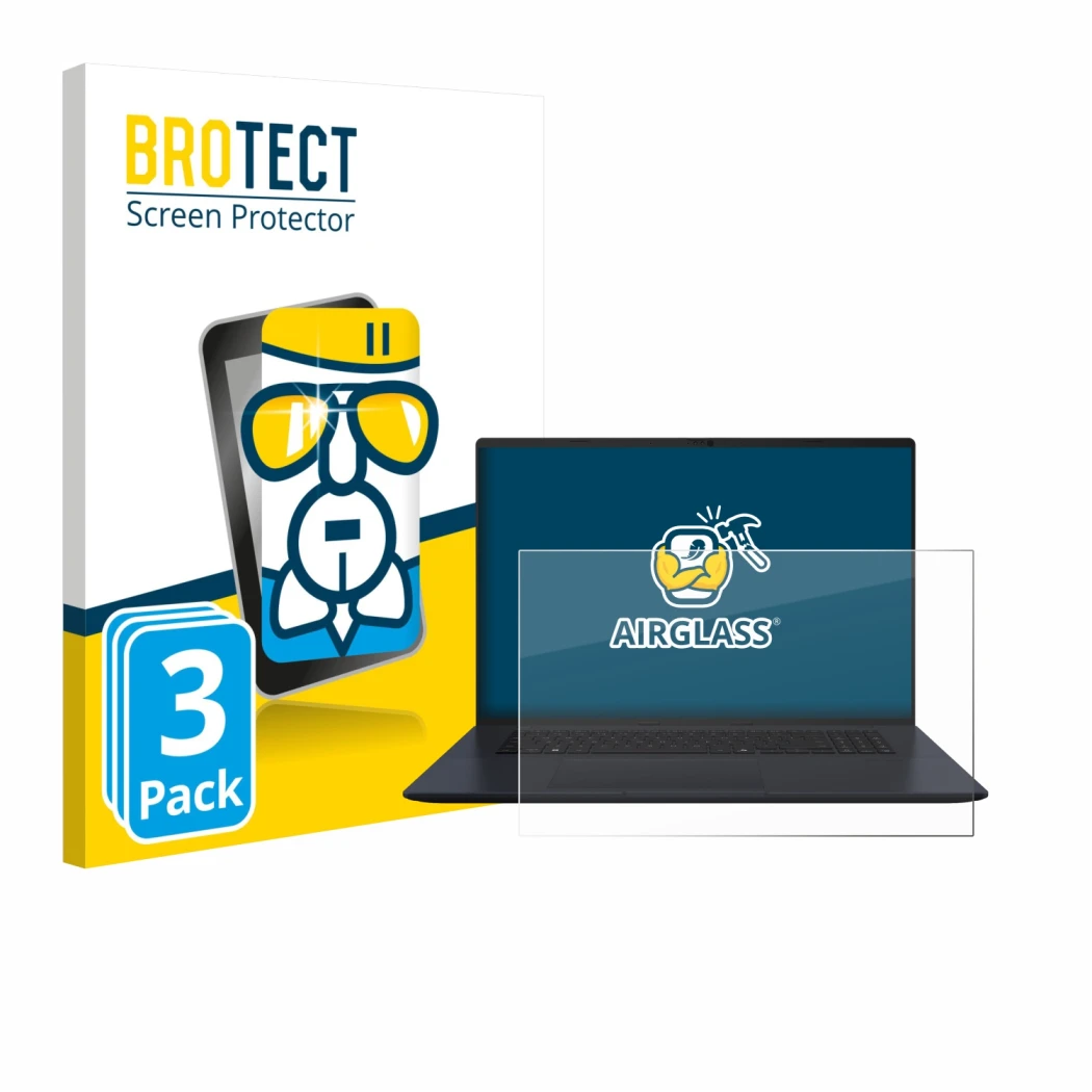 Parte frontal de un envase de producto con el logotipo de la marca BROTECT. Al lado se muestra el dispositivo ASUS Vivobook 18