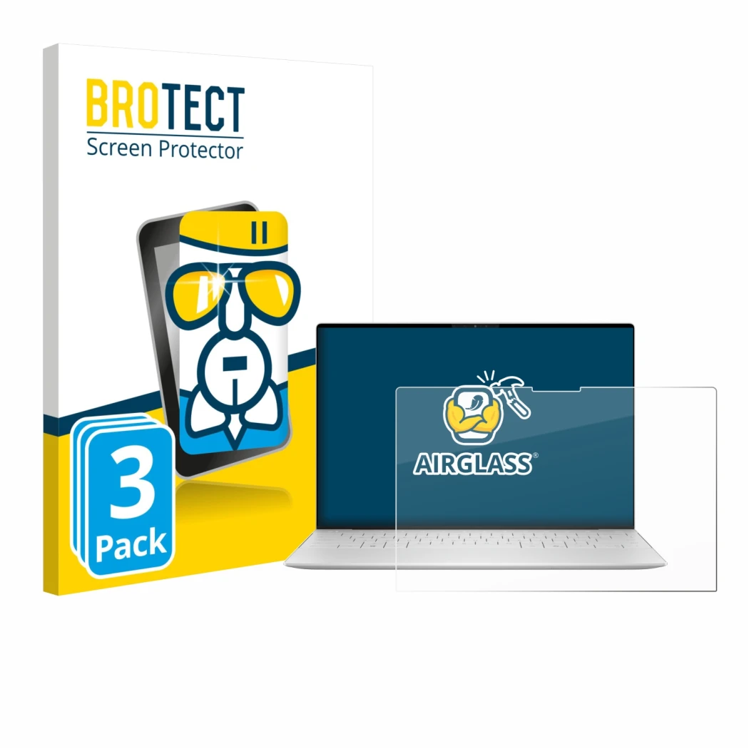 Parte frontal de un envase de producto con el logotipo de la marca BROTECT. Al lado se muestra el dispositivo Dell XPS 13 9350