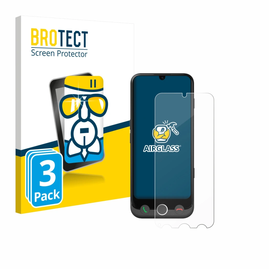 Parte frontal de un envase de producto con el logotipo de la marca BROTECT. Al lado se muestra el dispositivo Doro Aurora A30 