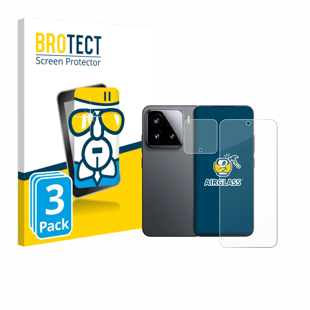 Parte frontal de un envase de producto con el logotipo de la marca BROTECT. Al lado se muestra el dispositivo Xiaomi 15 (Front