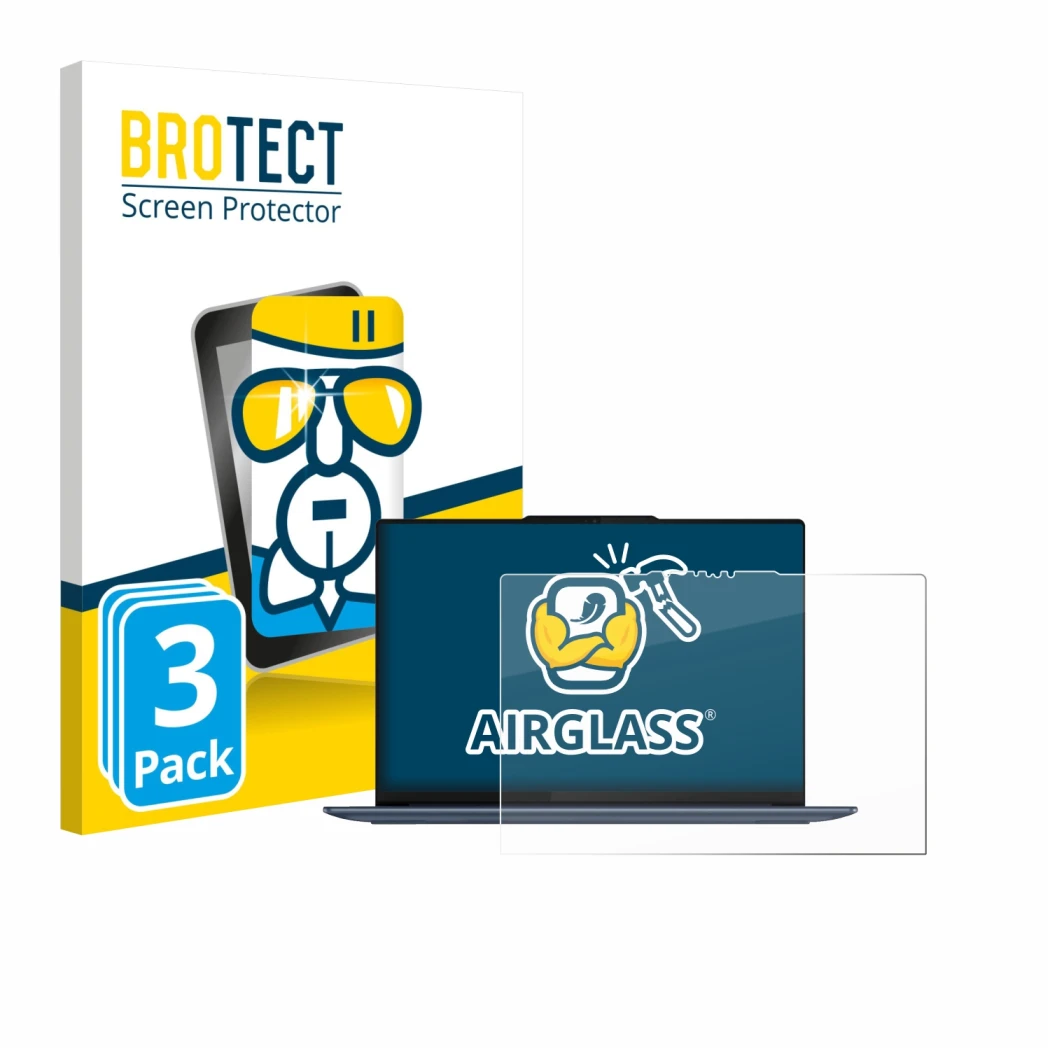 Parte frontal de un envase de producto con el logotipo de la marca BROTECT. Al lado se muestra el dispositivo Lenovo Yoga Slim