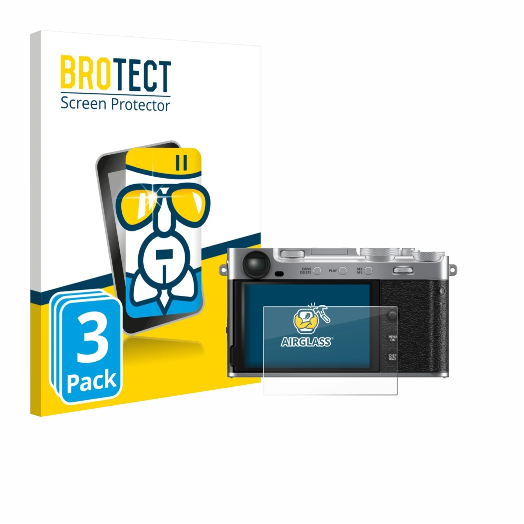 Parte frontal de un envase de producto con el logotipo de la marca BROTECT. Al lado se muestra el dispositivo Fujifilm X-E5 co