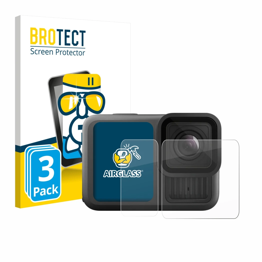 Parte frontal de un envase de producto con el logotipo de la marca BROTECT. Al lado se muestra el dispositivo GoPro Hero 13 Bl