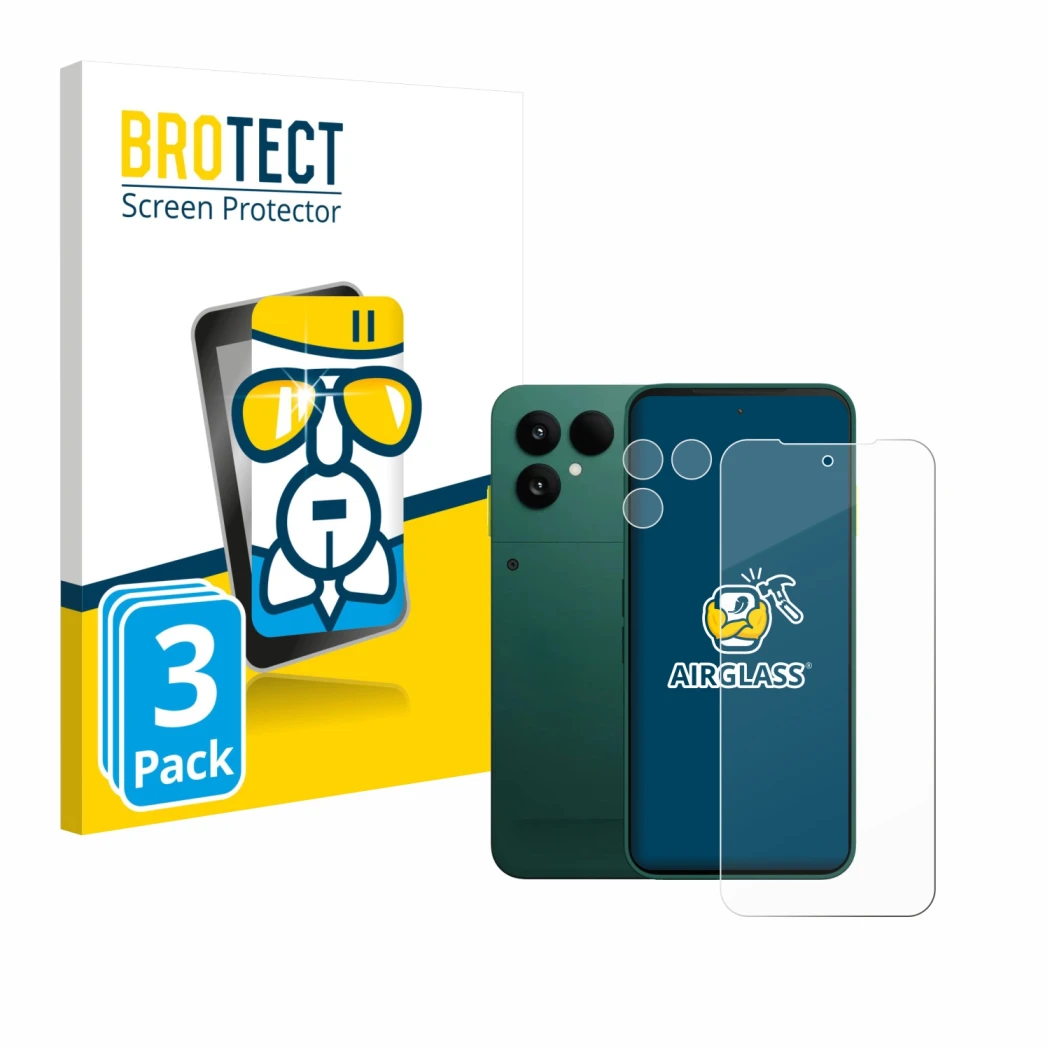 Parte frontal de un envase de producto con el logotipo de la marca BROTECT. Al lado se muestra el dispositivo Fairphone 6 (Fro